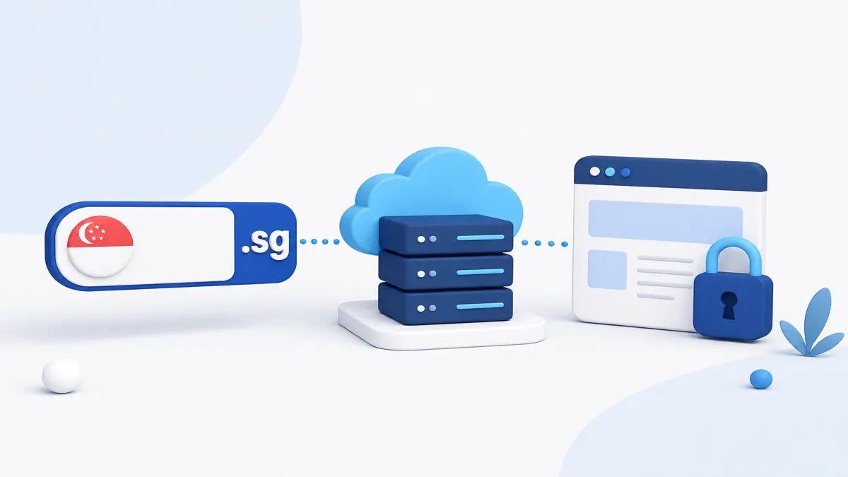 Illustration of a .sg domain name connected to cloud hosting with SSL security
