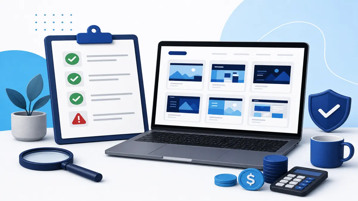 Illustration of a checklist with checkmarks and a red flag beside a portfolio on a laptop