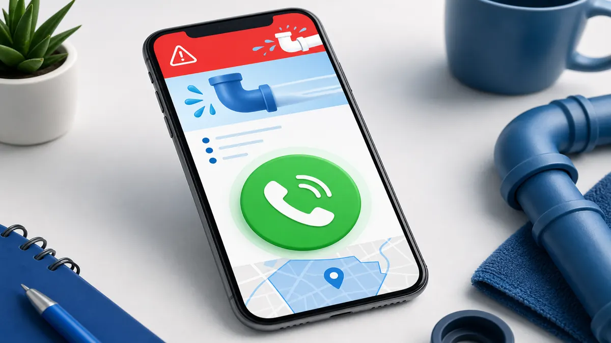 Illustration of a smartphone showing an emergency plumber site with a large call button