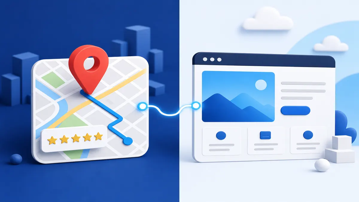 Illustration split between a map listing with stars and a business website in a browser