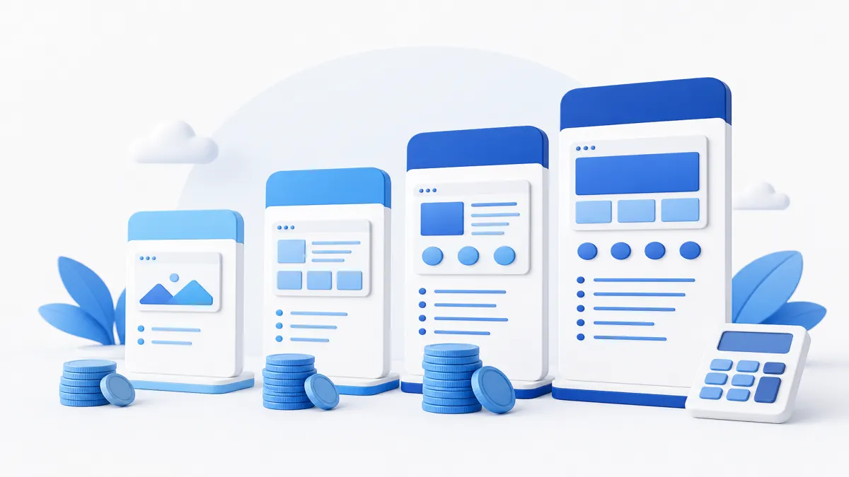 Illustration of four website pricing tiers from DIY builder to agency with calculator icon