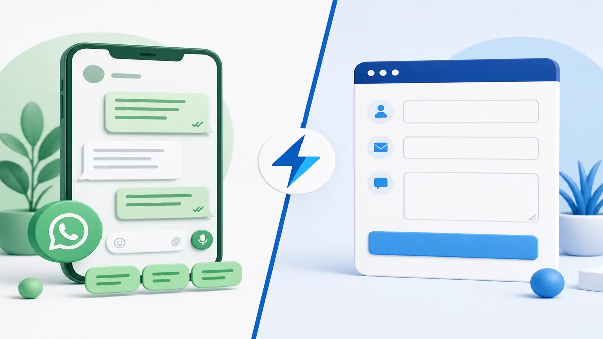 Illustration split between a chat messaging interface and a contact form