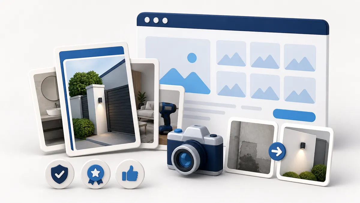 Illustration of photo cards, a camera icon, and a website mockup for business photos