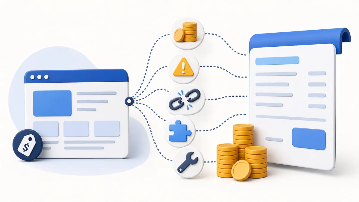 Illustration of a small website connected to hidden cost icons and future invoices
