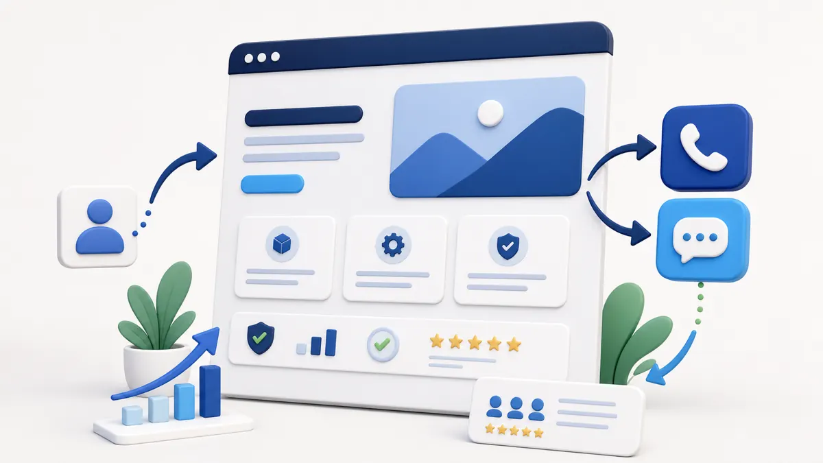 Illustration of a homepage mockup with service cards, trust badges, and contact buttons