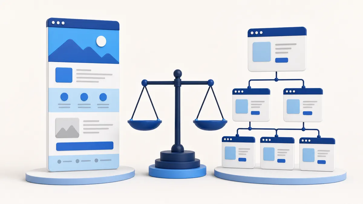 Illustration comparing a single-page website with a connected multi-page website sitemap