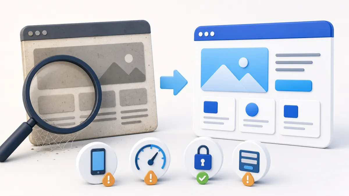 Illustration of an outdated website being inspected beside modern website cards