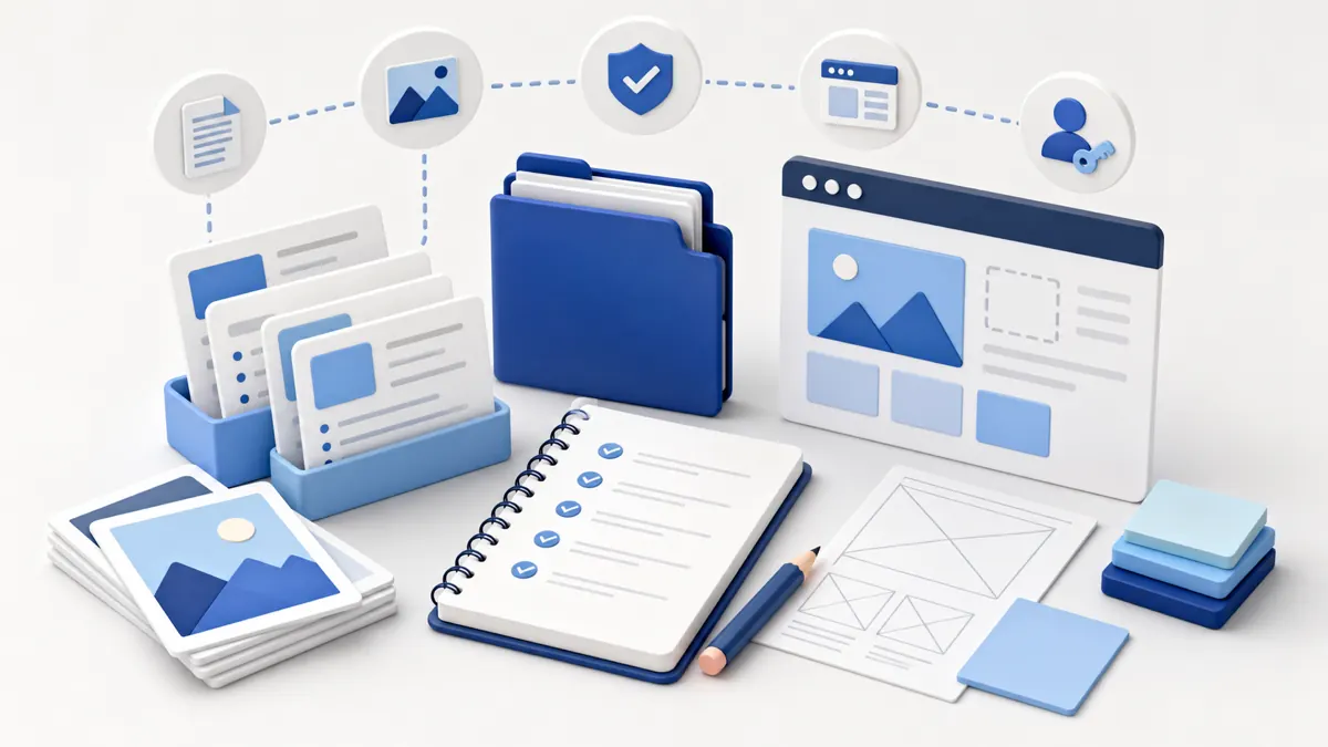 Illustration of content documents, photo cards, and website planning materials on a desk