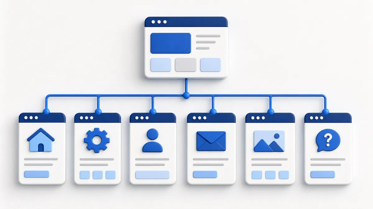 Illustration of connected website page cards forming a small business sitemap