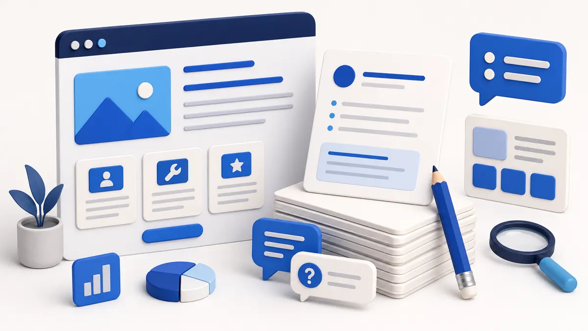 Illustration of website copywriting cards, speech bubbles, and a browser mockup