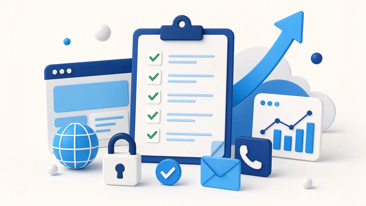 Illustration of a website launch checklist with domain, SSL, contact, and SEO icons
