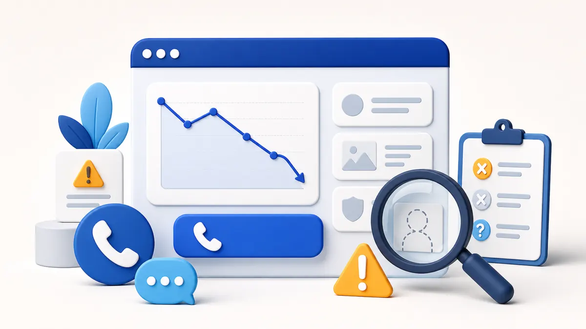 Illustration of a website enquiry audit with analytics, contact buttons, and a magnifying glass